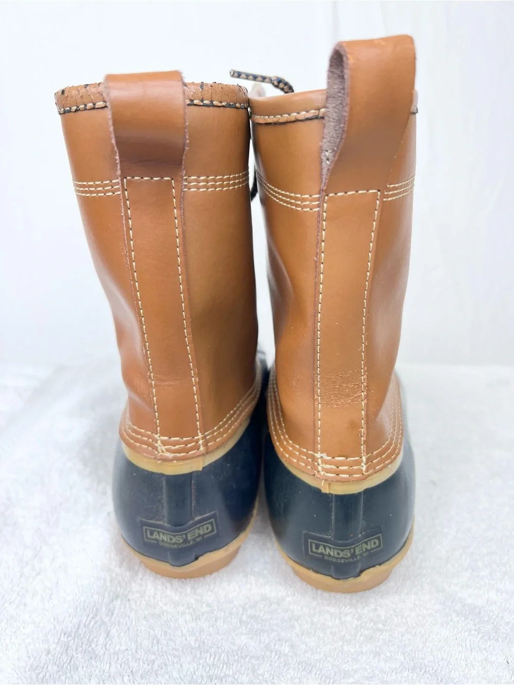 Lands End Womens Duck Boot Sz 9 classic navy blue tan Rain Outdoor Preppy
